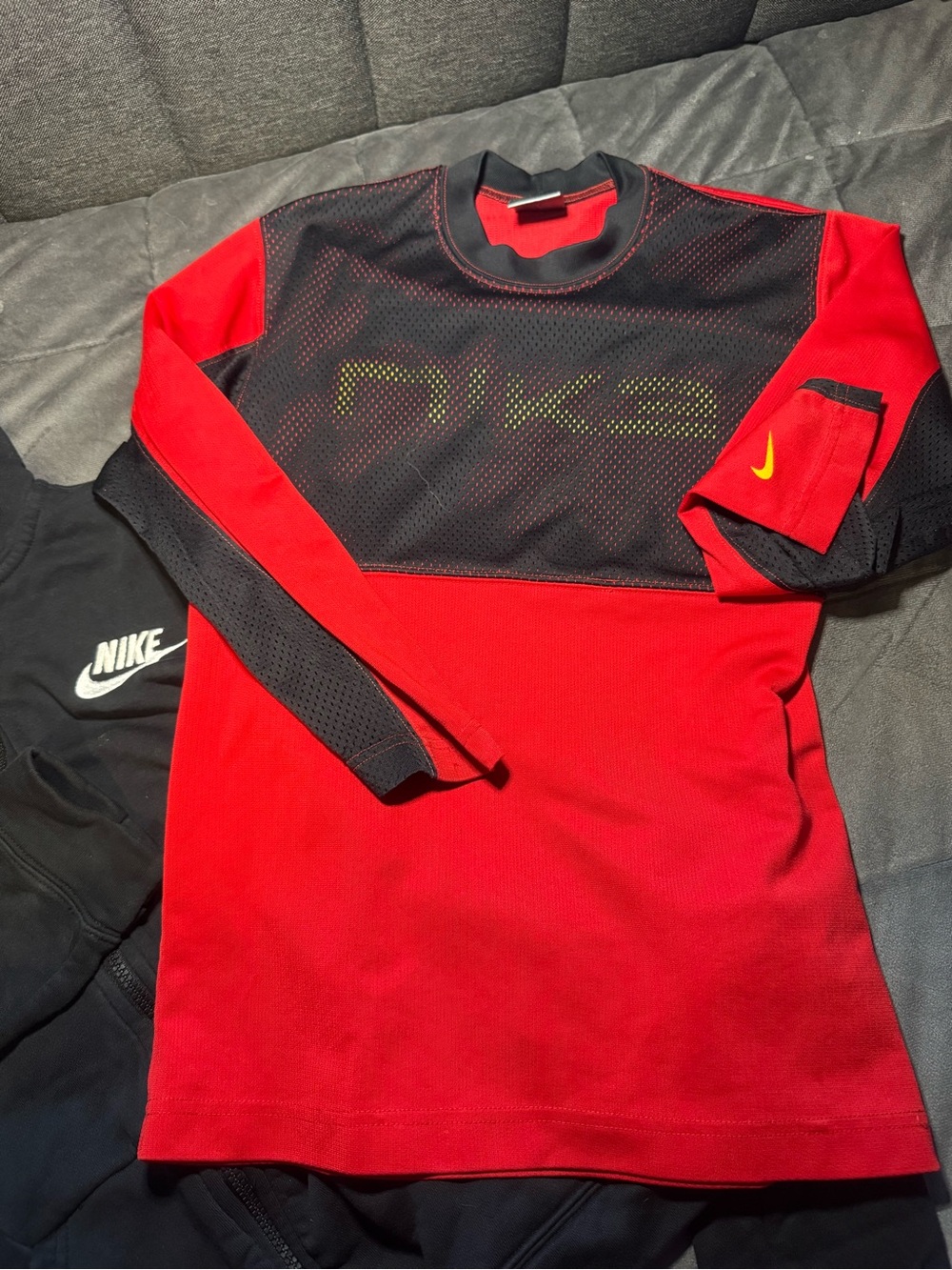 Nike Red and Black Long Sleeve Mesh Athletic Top